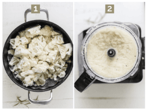 A photo showing adding the vegetables to a steamer pot, and then pureeing the vegetables in a food processor.